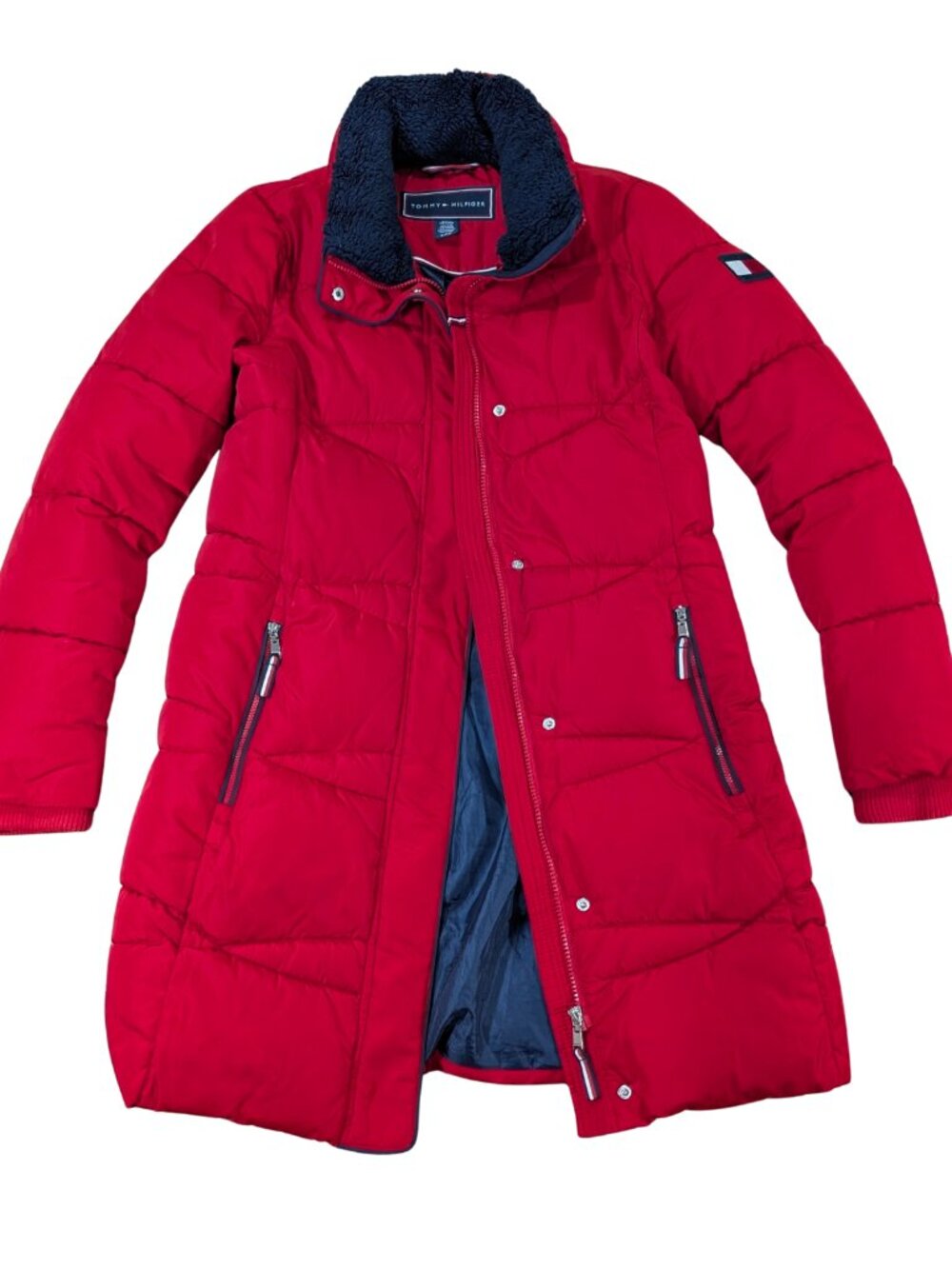 Tommy Hilfiger Womens Red Long Puffer Coat Small Sherpa Collar As-Is Repair